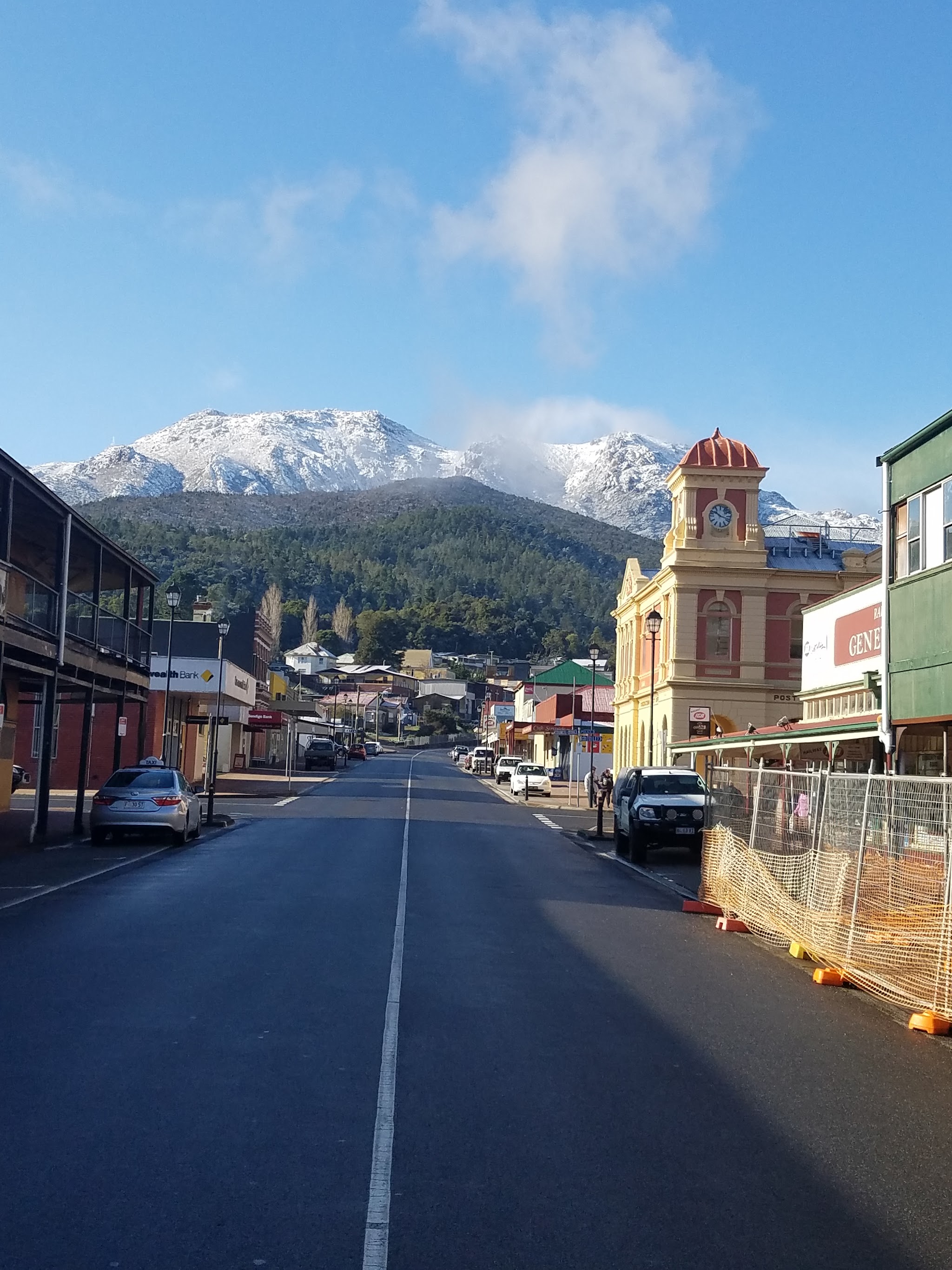 Orr Street in the morning, looking up to the snow covered range above Queenstown